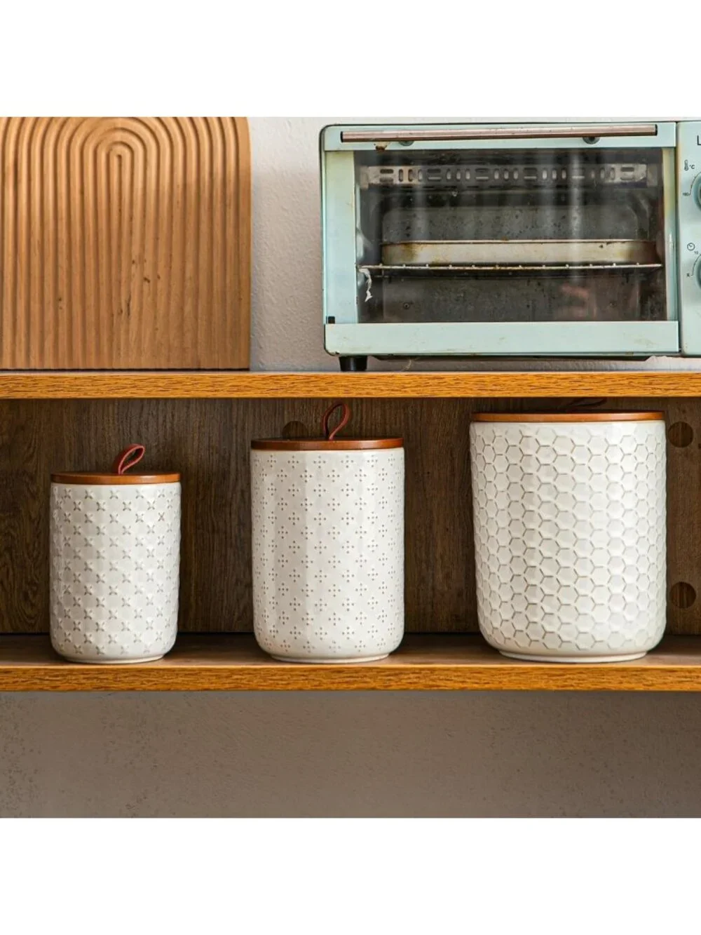 Airtight White Ceramic Canister Set with Wooden Lids - 3-Piece Kitchen Storage